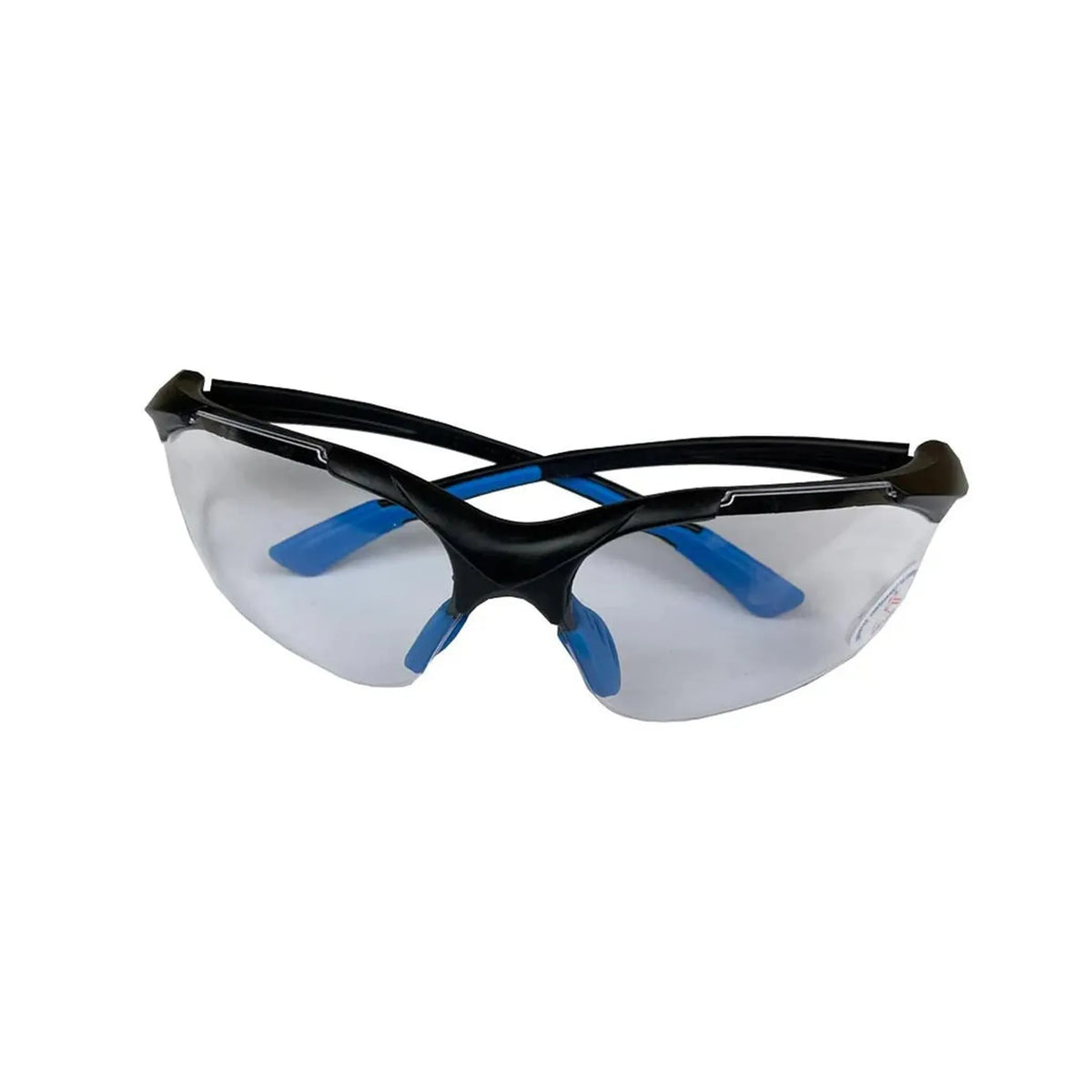 Safety glasses with black and blue temples and tinted plastic lenses