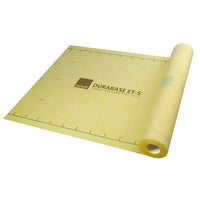 Membrane d'étanchéité jaune DURAL DURABASE ET-S partiellement déroulée avec repères d'espacement