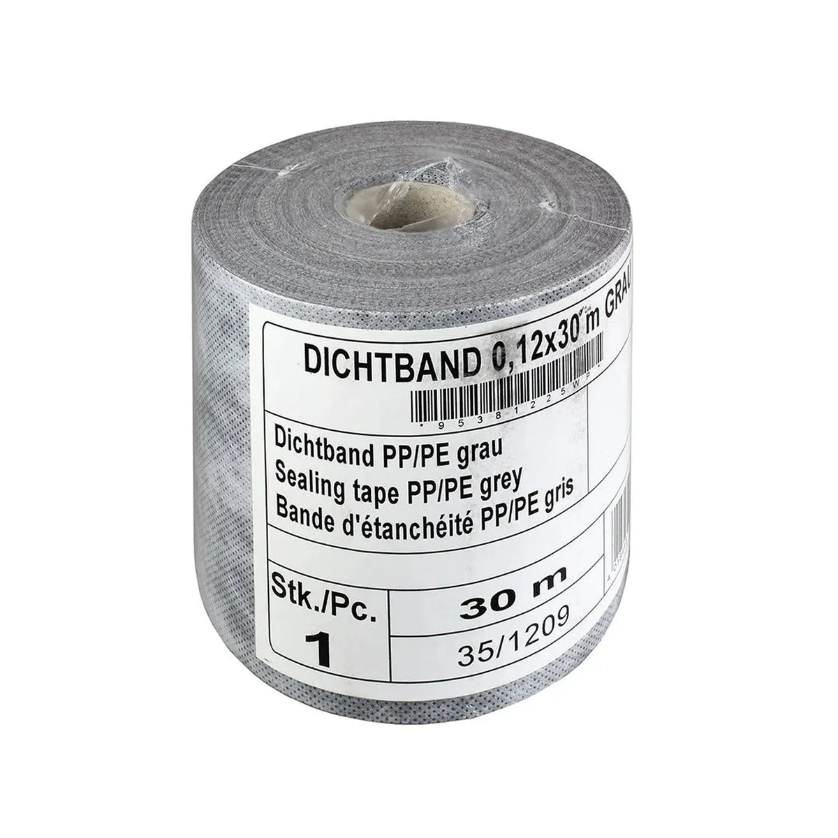 30 m greys sealing tape made of PP/PE on a roll with label #colour_120-mm